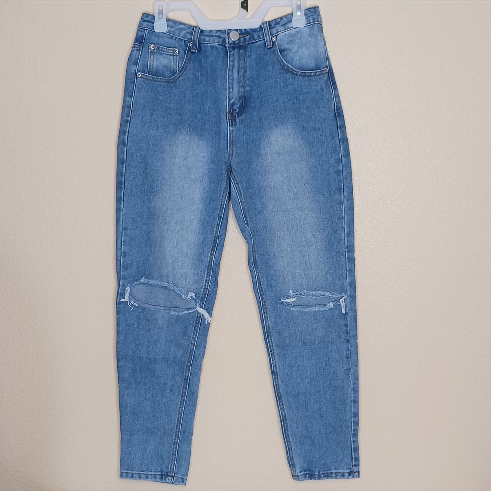 PrettyLittleThing PLT Kendall High Waisted Distressed Mom Jeans Blue Size 6